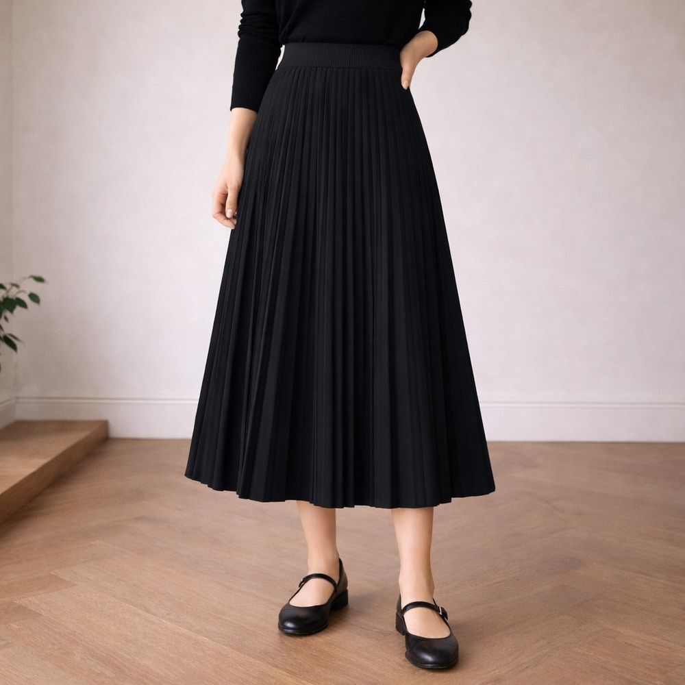 Koret of California Black Pleated Midi Skirt Vintage TUBINYL Size XS